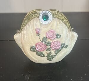 Vintage Style Miniature Purse Pink Roses Green Jewel Gold Tone Unmarked